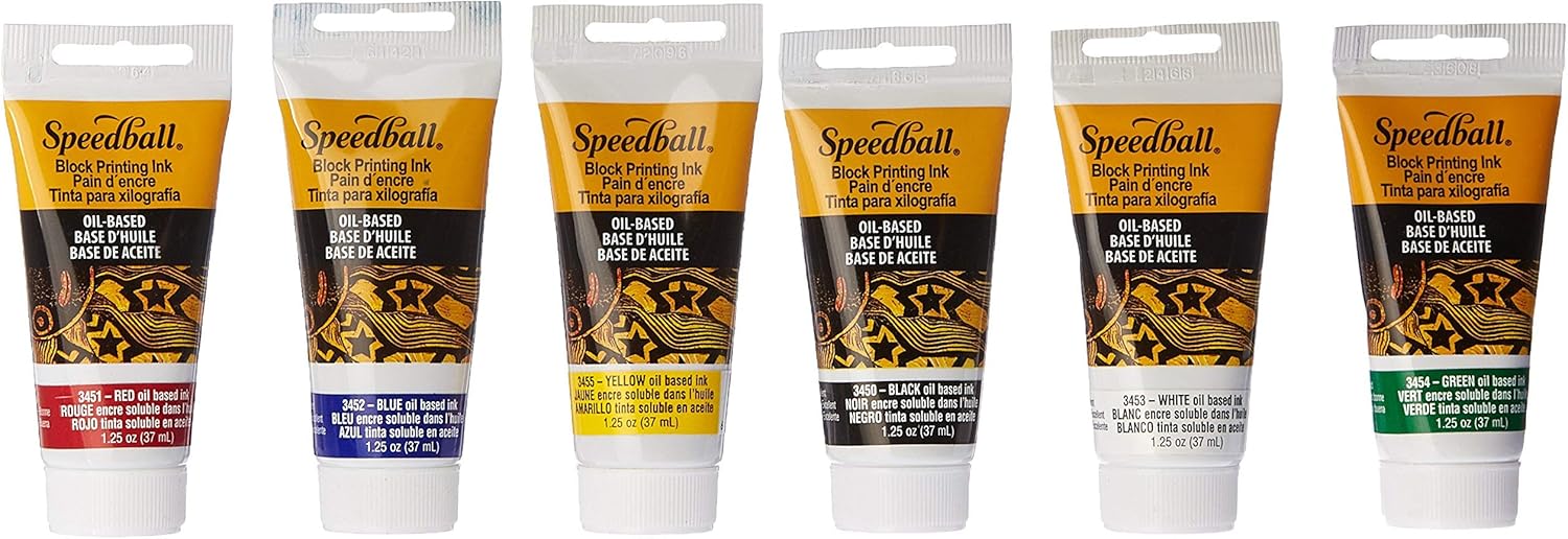 Speedball Oil-Based Block Printing Ink, Starter Set, 6 x 37cc 1.25oz Rich Intense Colours, Permanent, Waterproof, Paper