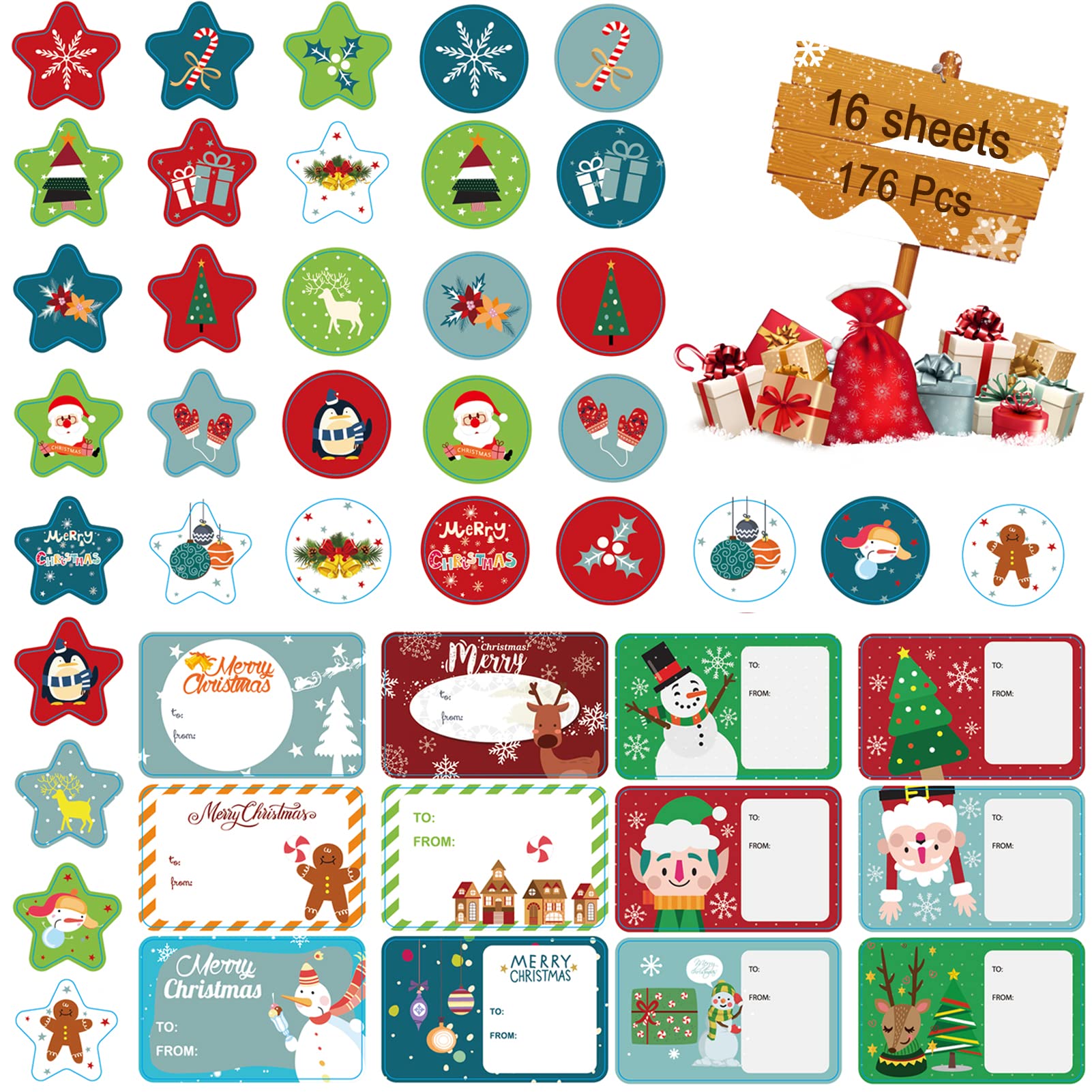 Zevmi 176PCS Tags: Snowmen, Xmas Tree, Deer, Merry Christmas Name Tags, Decorative Presents Labels, Decals for Friends & Family