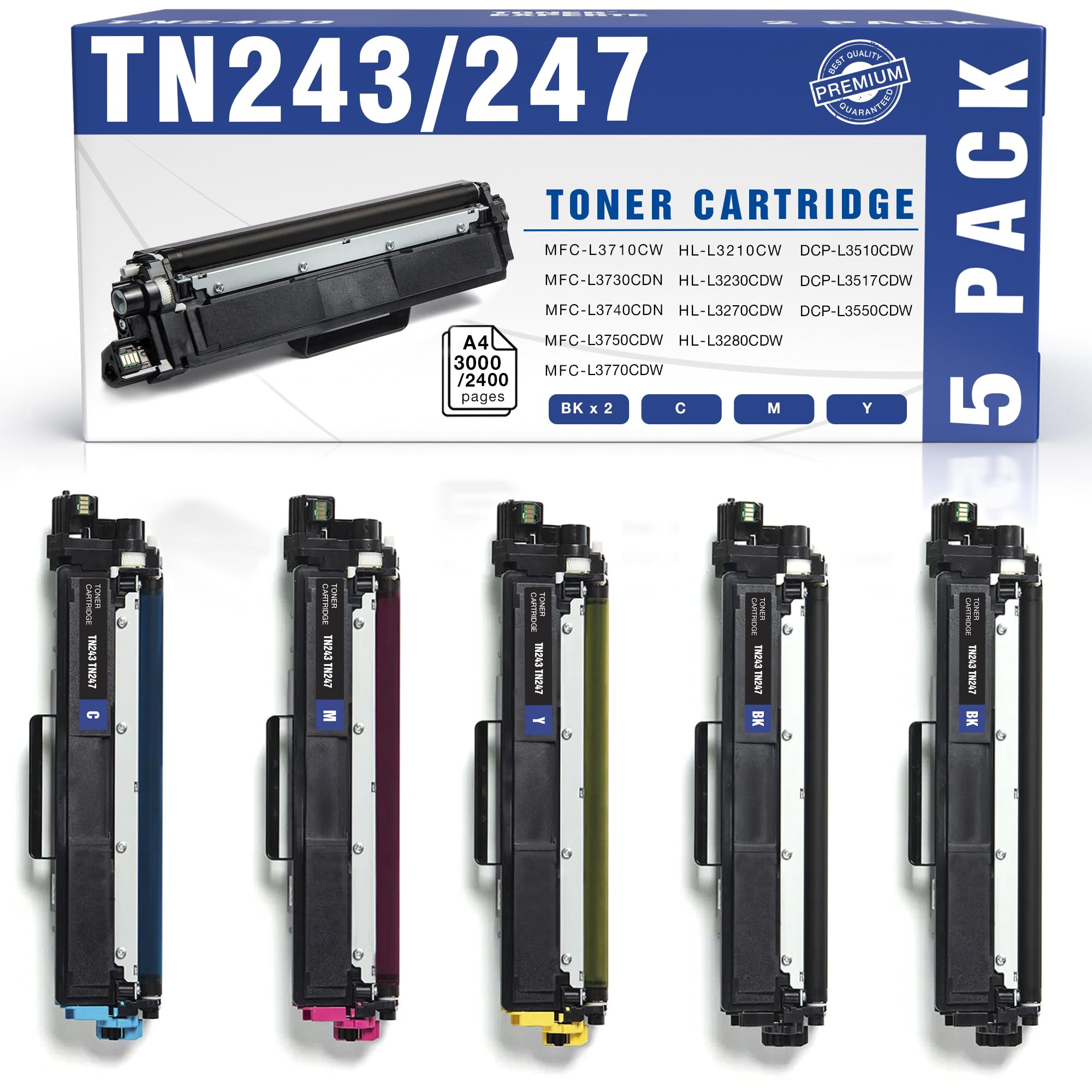 TONER EXPERTE Compatible Brother TN243BK TN247 Toner Fits Brother DCP-L3550CDW DCP-L3510CDW HL-L3210CW HL-L3270CDW, 5-Pack Black Cyan Magenta Yellow