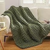 WESHIONGOO Chunky Knit Blanket Throw 51"×63" Knitted Throw Blankets for Couch Bed Fluffy Soft Blanket with Jumbo Chenille Yarn Thick 100% Handmade (Olive Green)