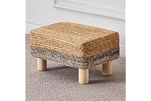 Cpintltr Foot Stool Ottoman Rectangular Footrest Pouf Ottomans Natural Seagrass Footstool with Wooden Legs Hand Weave Step Stool for Living Room Bedroom Entryway Purple