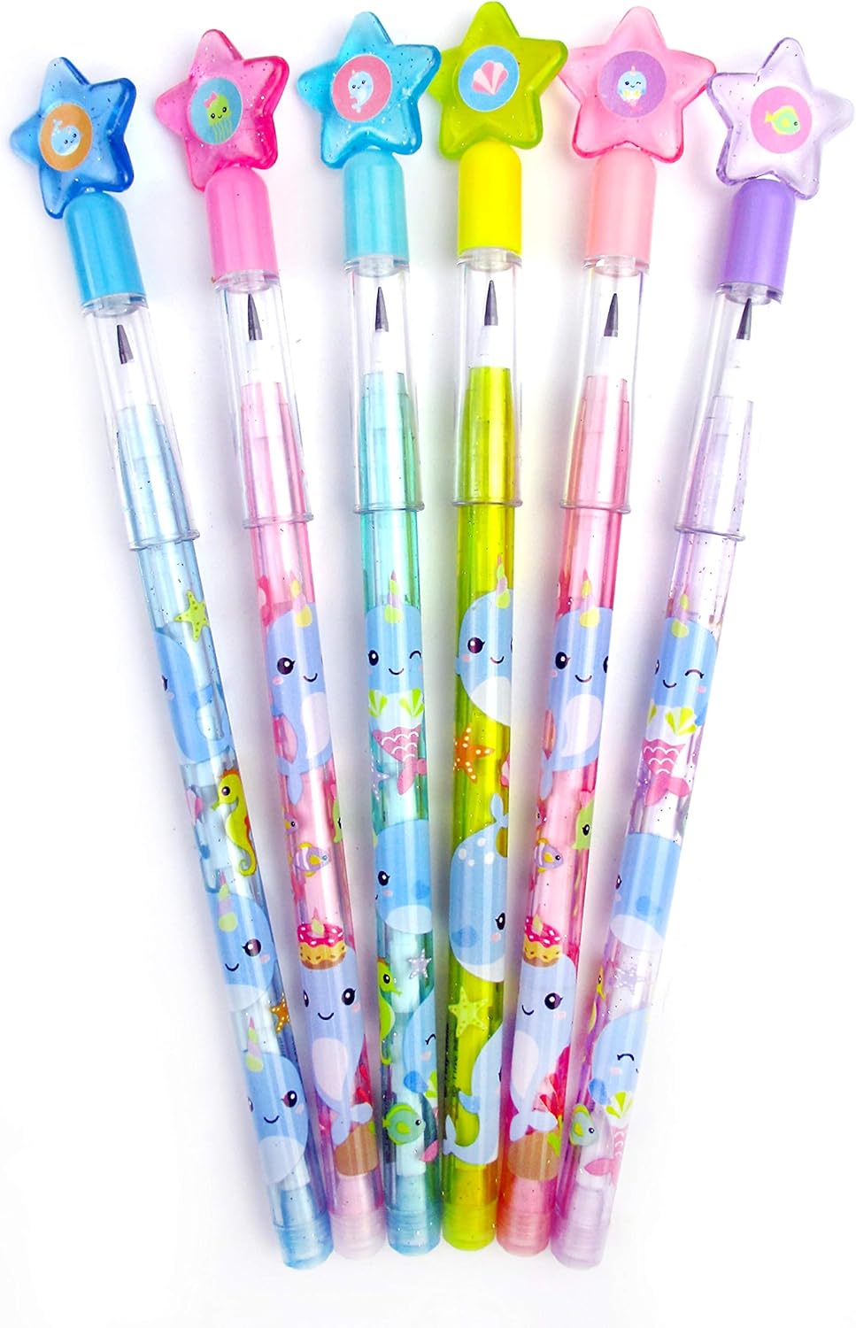 TINYMILLS 24 Pcs Narwhal Multi Point Pencils Stackable Stacking Push Pencils Assortment with Eraser for Girl Birthday Party Favor Goodie Bag Stuffers Carnival Prizes Classroom Rewards: Office Products