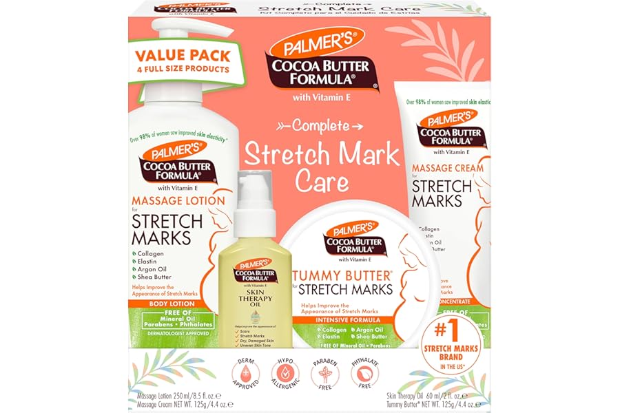 Palmer’s Cocoa Butter Formula Pregnancy Skin Care Kit for Stretch Marks and Scars, Dermatologist Approved, Gift for Mom to Be, 4 Piece Full Size Set