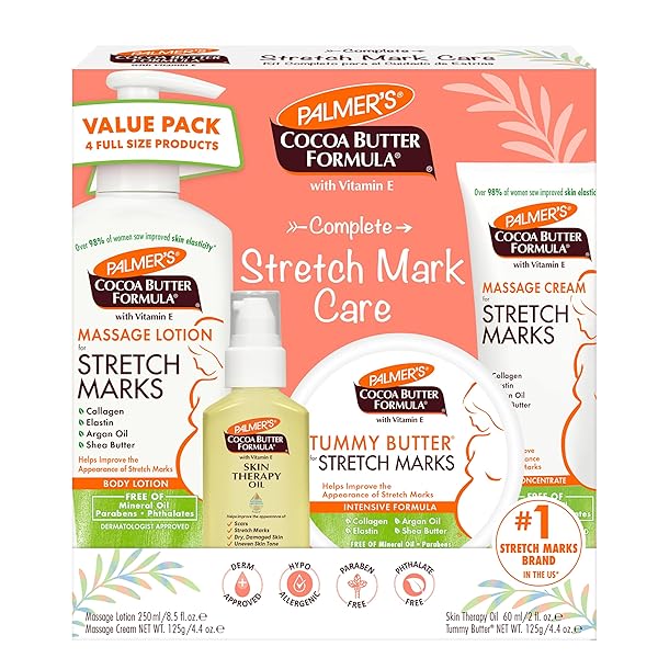 PALMER’S COCOA BUTTER FORMULA PREGNANCY SKIN CARE KIT FOR STRETCH MARKS AND SCARS, DERMATOLOGIST APPROVED, GIFT FOR MOM TO BE, 4 PIECE FULL SIZE SET