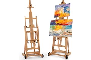 VISWIN Collapsible H-Frame Easel, Hold 1 or 2 Canvas up to 78", Adjustable Beech Wood Easel for Painting, Movable & Tilting Flat Floor Art Easel Stand, Studio Art Easel for Adults, Artists - Natural