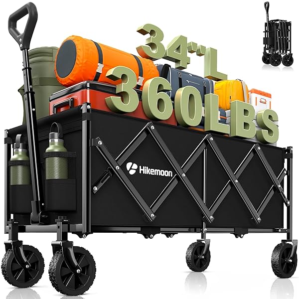 HIKEMOON 34” EXTRA LONG COLLAPSIBLE WAGONS CARTS FOLDABLE, 360LBS HEAVY DUTY FOLDING BEACH WAGON CART WITH WHEELS, PORTABLE UTILITY OUTDOOR WAGON FOR GROCERY, SHOPPING, GARDEN, SPORTS, CAMPING, BLACK