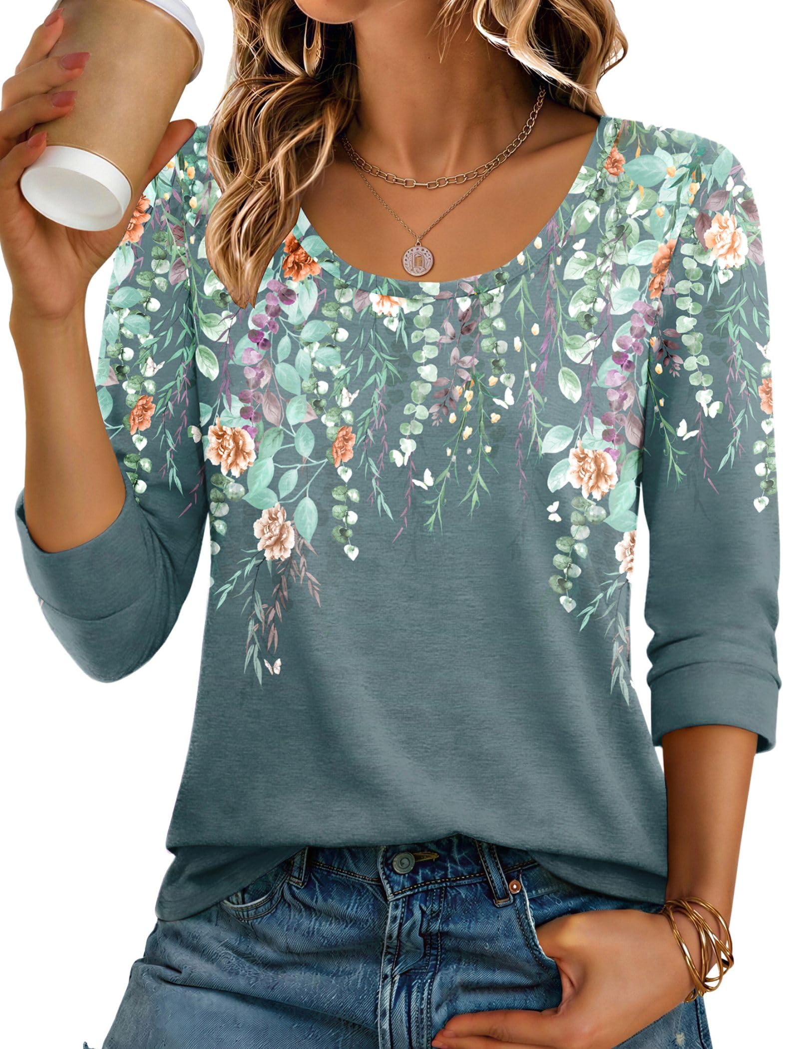 Ekouaer 3/4 Sleeve Womens Tops Scoop Neck T Shirts 2026 Casual Basic Tees | Casual Tops,Cute Basic Tops Vacation Outfits,Comfy Basic Tees,Loose Fit Tops For All-Season Daily Wear,available in S-3XL