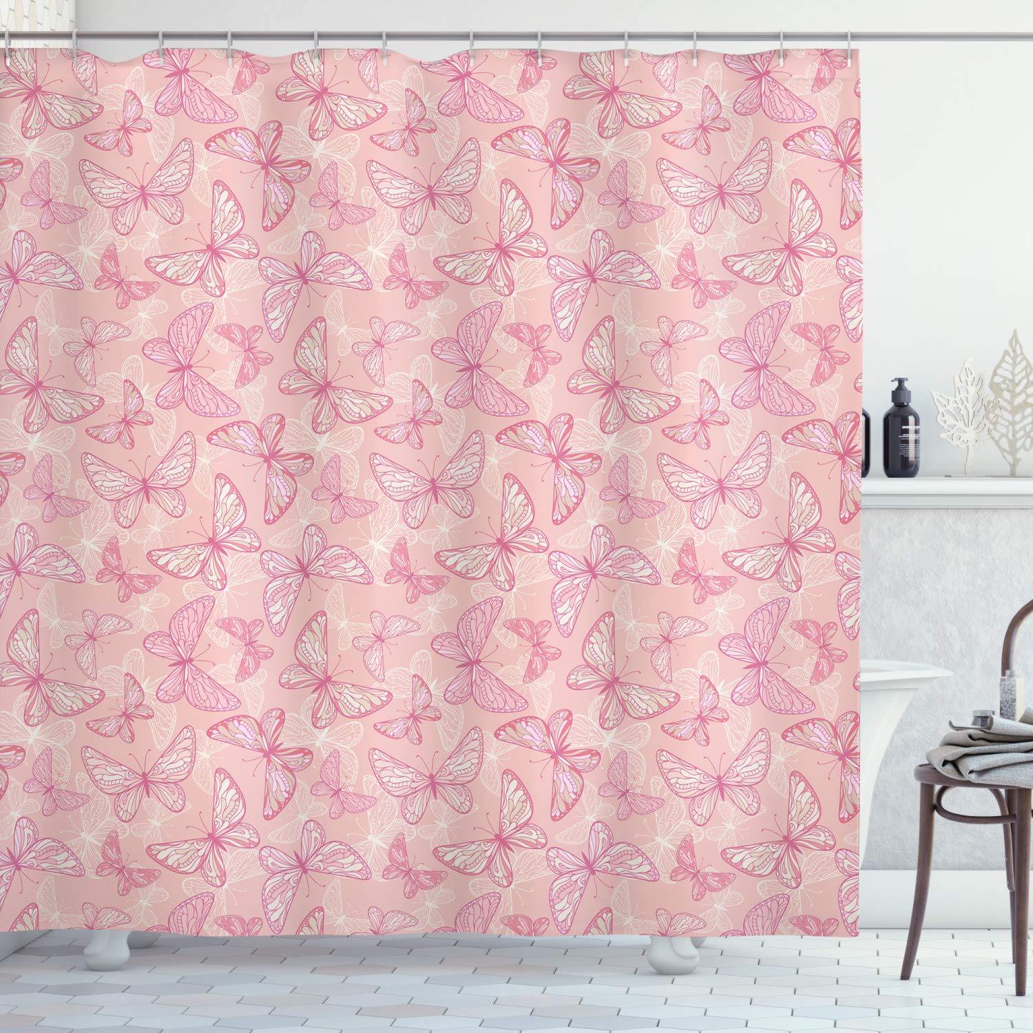 ABAKUHAUS Pale Pink Shower Curtain, Butterflies Ornate Wings Feminine Romantic Theme Artwork, Cloth Fabric Bathroom Decor Set with Hooks, 86 Inches Extra Long, White Peach and Pink