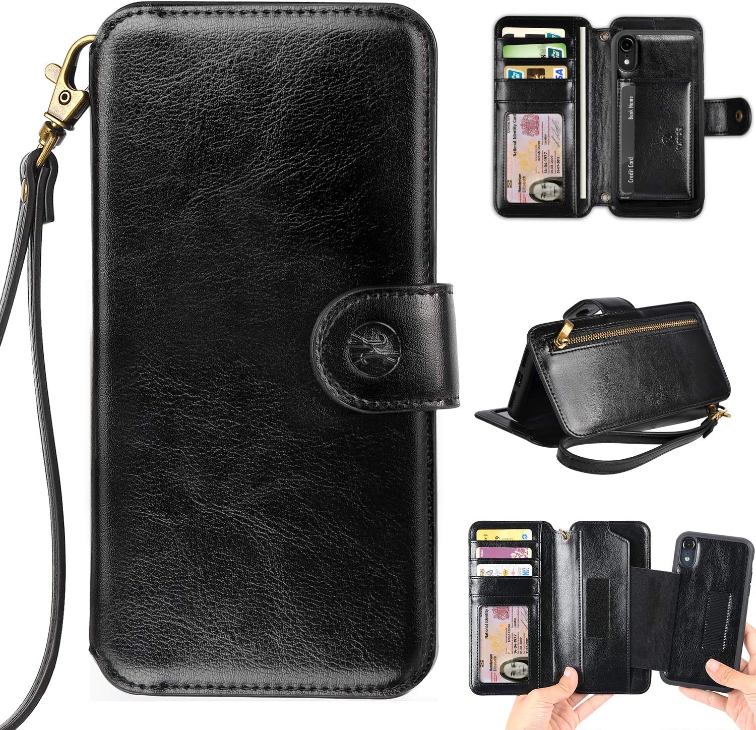 Phone Wallet Case Clutch Compatible with iPhone XR 6.1 Apple Phone - Wristlet Case Boutique Quality Vegan Leather Black - with Card Holder Clutch Purse