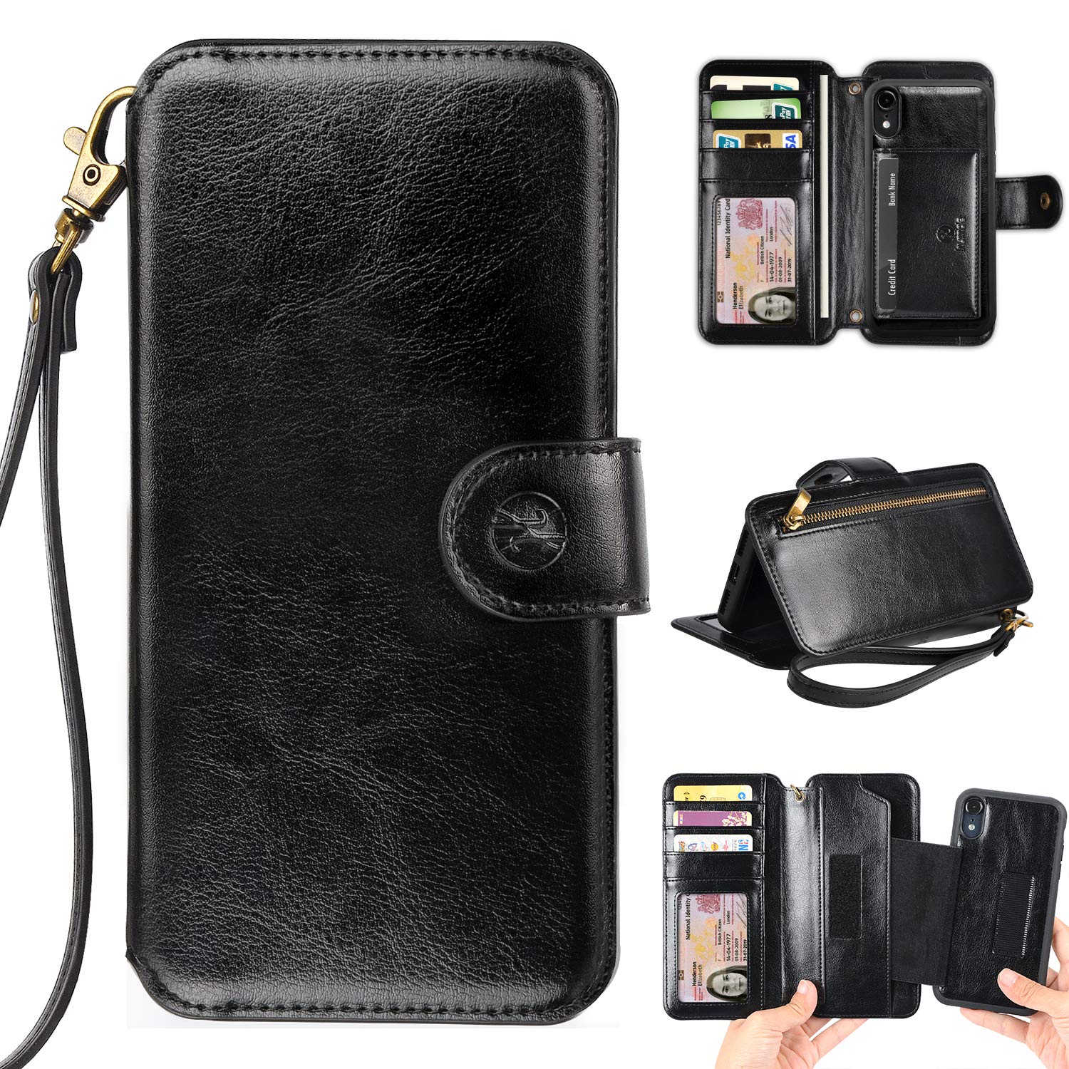 Phone Wallet Case Clutch Compatible with iPhone XR 6.1 Apple Phone - Wristlet Case Boutique Quality Vegan Leather Black - with Card Holder Clutch Purse