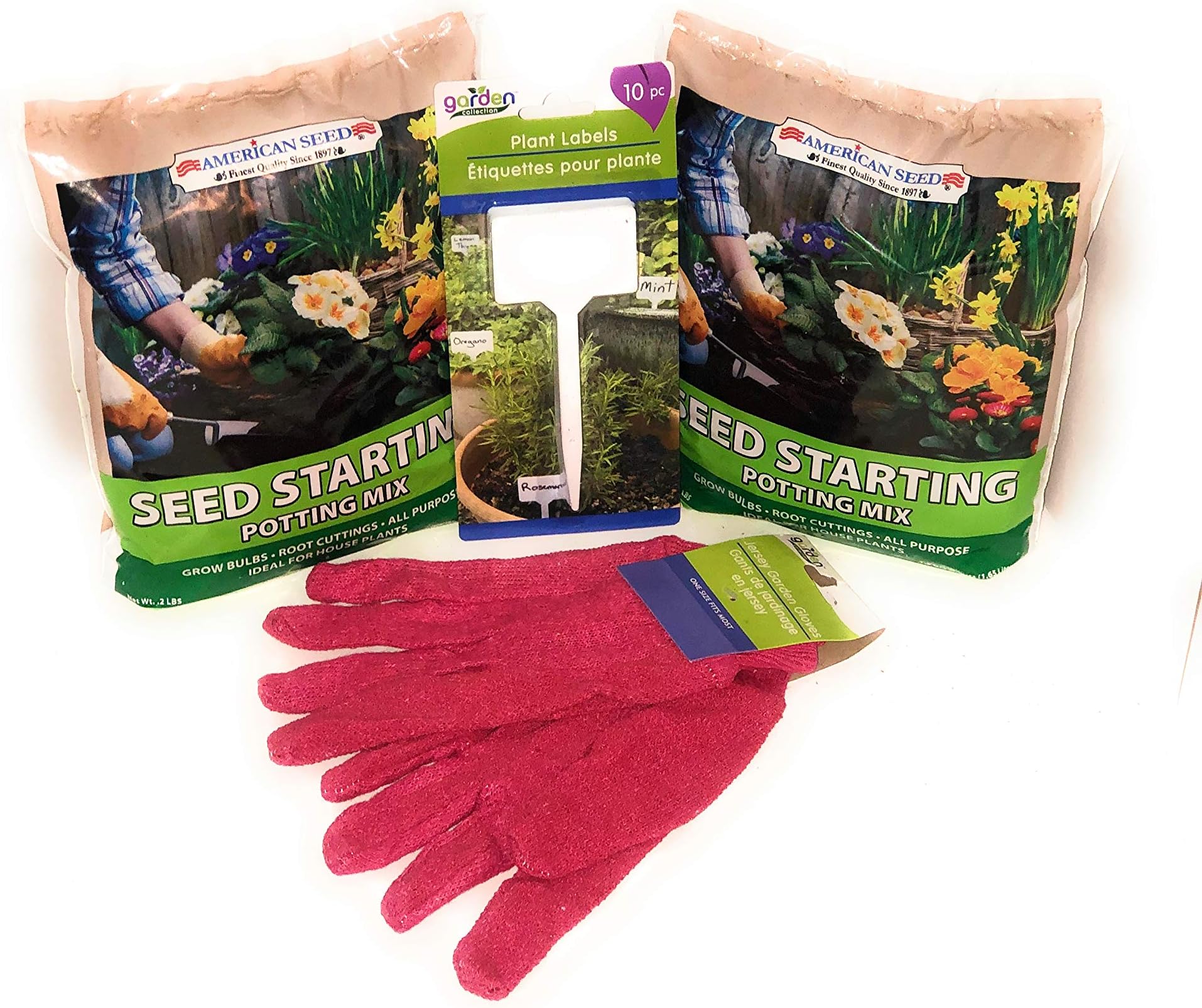 Spring Garden Potting Mix Seed Starting Soil (2) 8 Ounce Bags, (1) 10 pcs Plant Label,1 set of Garden Gloves used for planting Indoor/Outdoor Flowers (Bonus Exclusive de toute beauté TM)