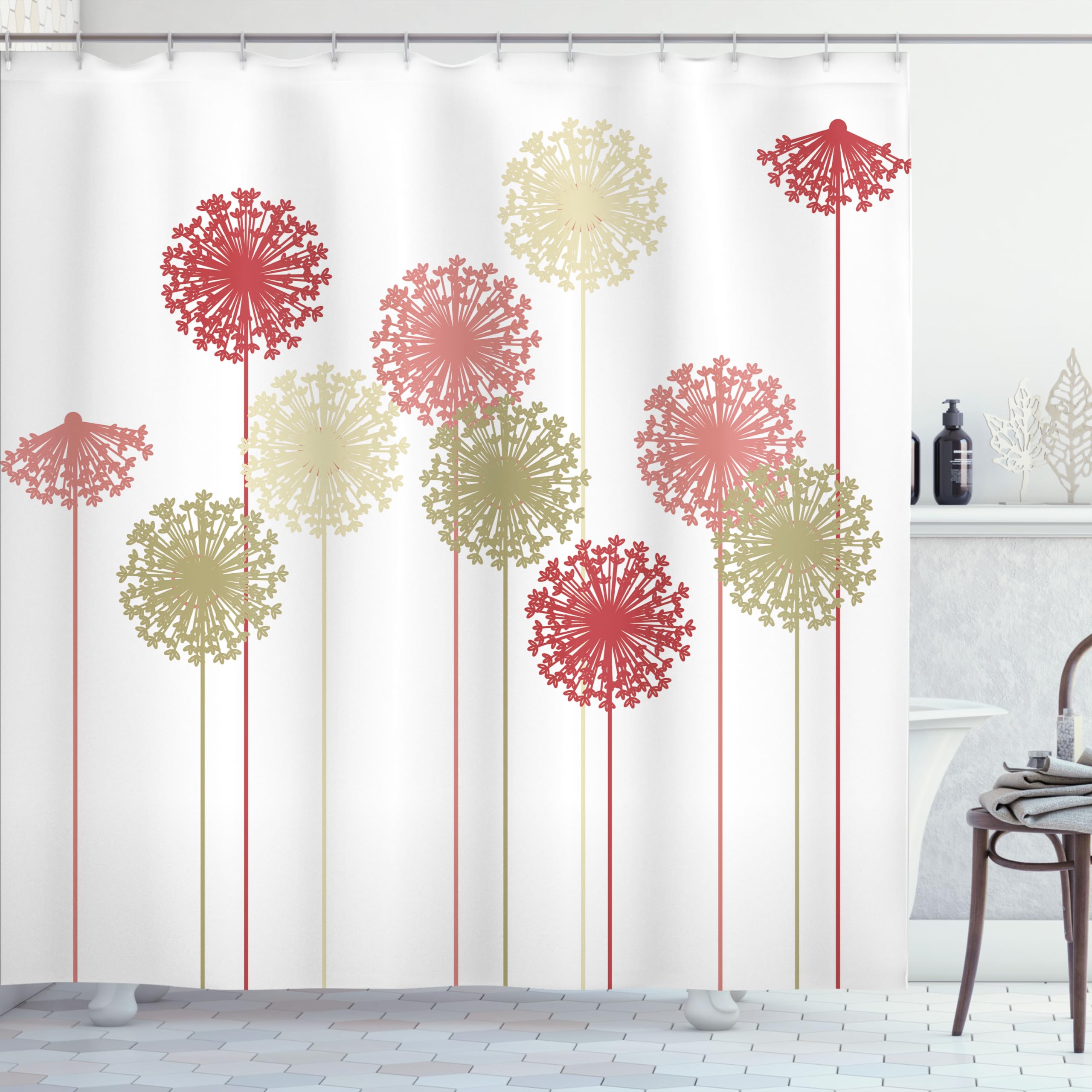 ABAKUHAUS Dandelion Shower Curtain, Abstract Wildflower Silhouettes Botanical Inspirations Meadow in Summer Season, Cloth Fabric Bathroom Decor Set with Hooks, 175 x 180 cm, Pale Khaki