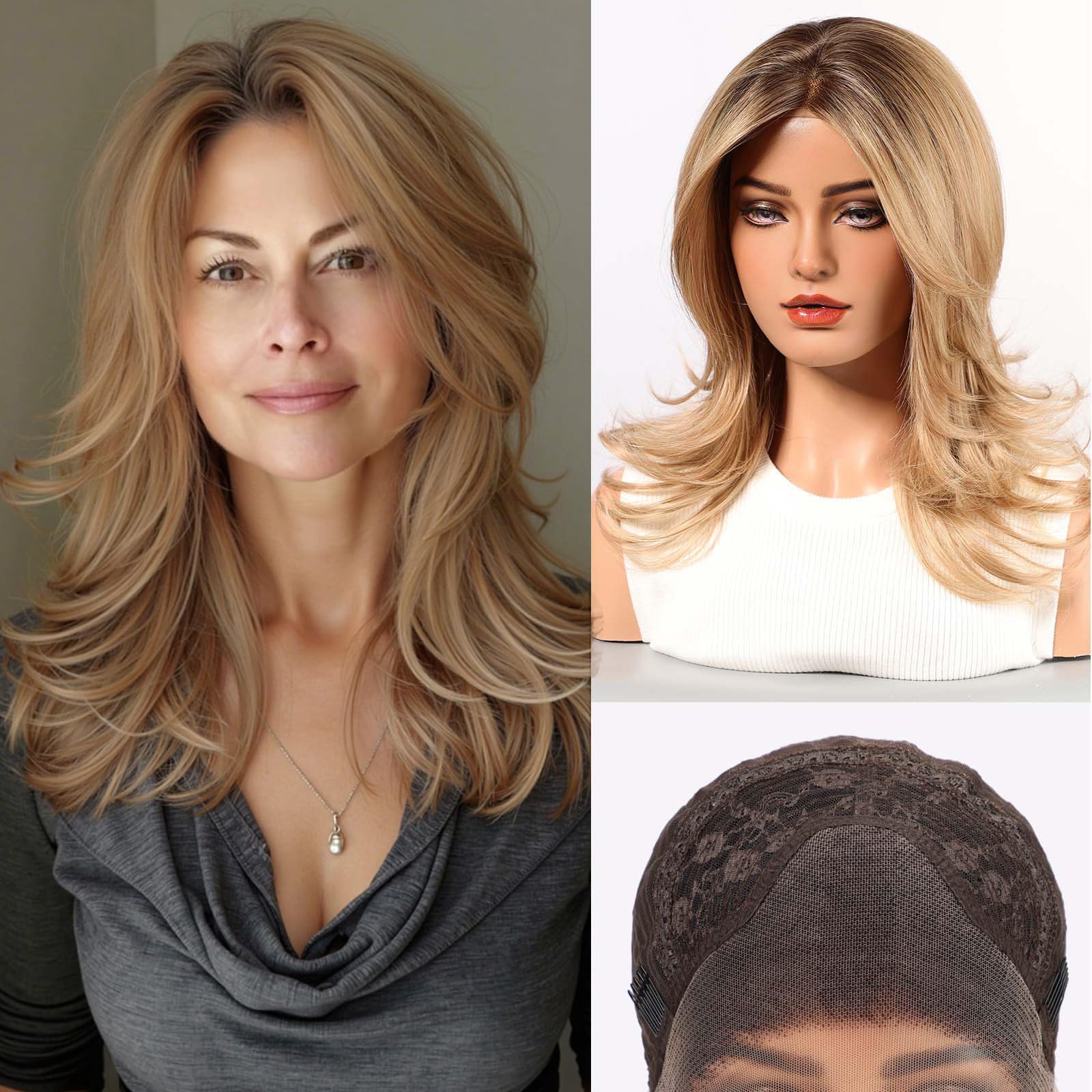 Photo 1 of starluck Wig for Women Lace Front Wigs Synthetic Wigs for Women 18-Inch Shoulder Length Layered Natural Wavy Wig Ombre Blonde
