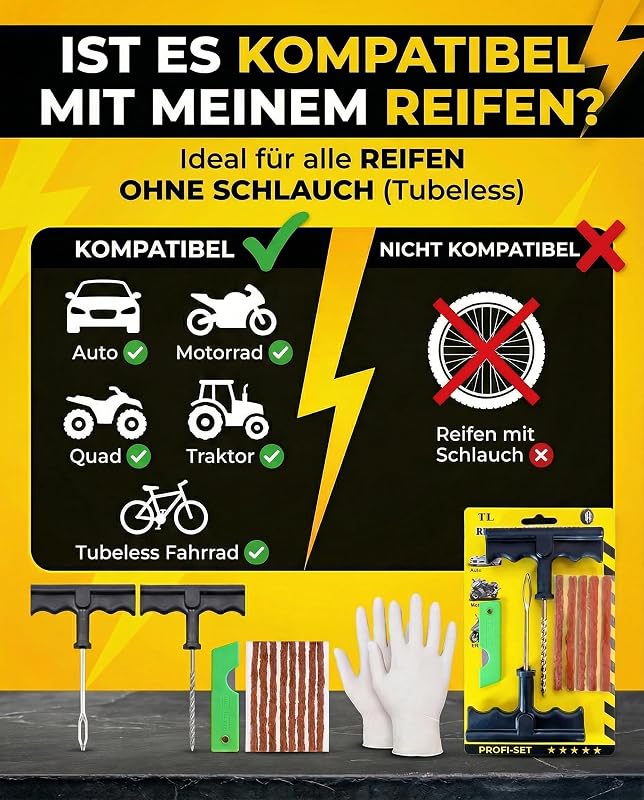 Reifenreparaturset, Reifendichtmittel Auto, Repariert Reifen in 15 Minuten