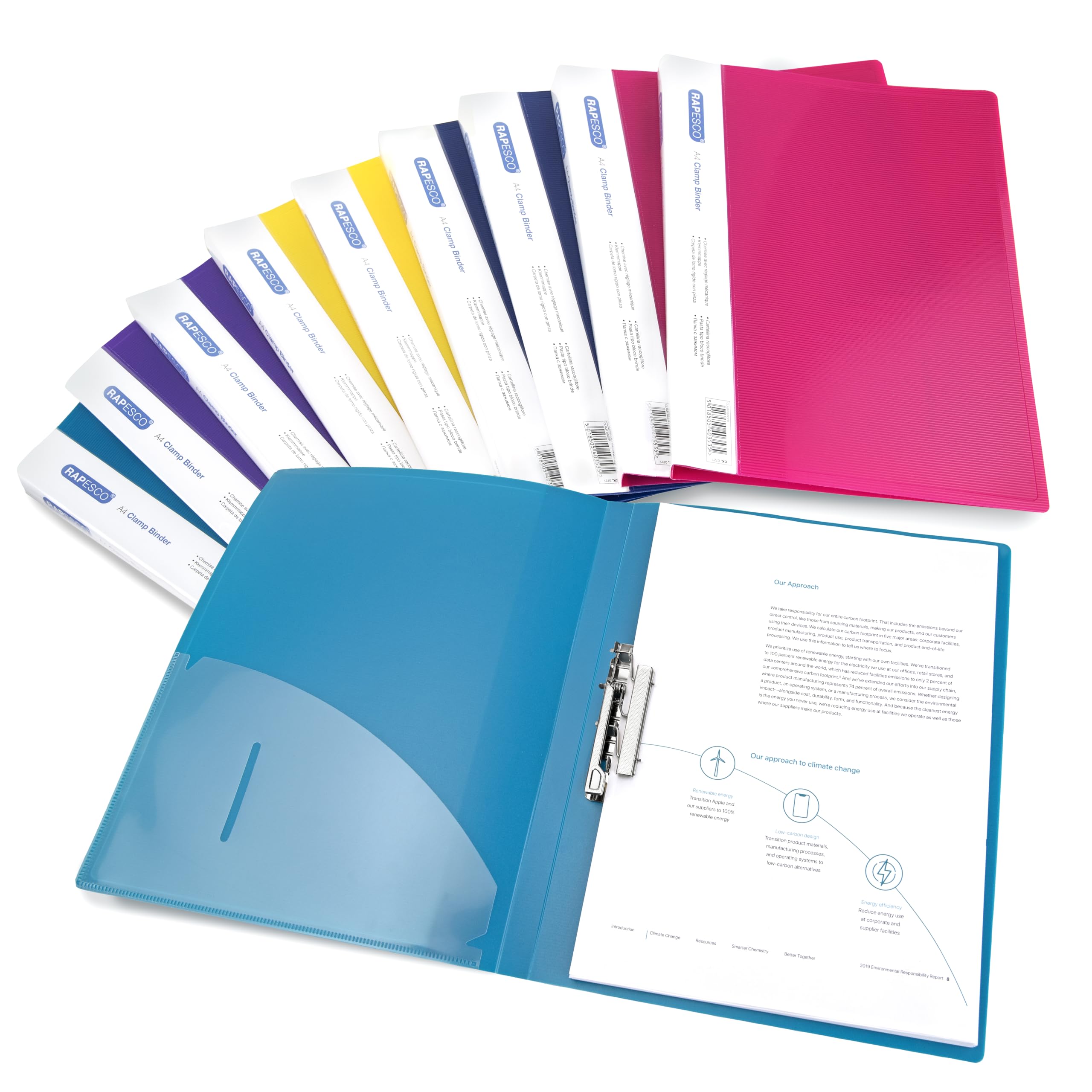 Rapesco 0793 Punchless Clamp Binder Folder, A4, Assorted Colours, Pack of 10