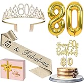 80th Birthday Decorations for Women Gold with 80th Birthday Sash and Tiara, Cake Topper and Candles, Number Balloons, 80 Year Old Gifts for Women