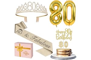 YEOHJOY 80th Birthday Decorations for Women Gold with 80th Birthday Sash and Tiara, Cake Topper and Candles, Number Balloons, 80 Year Old Gifts for Women