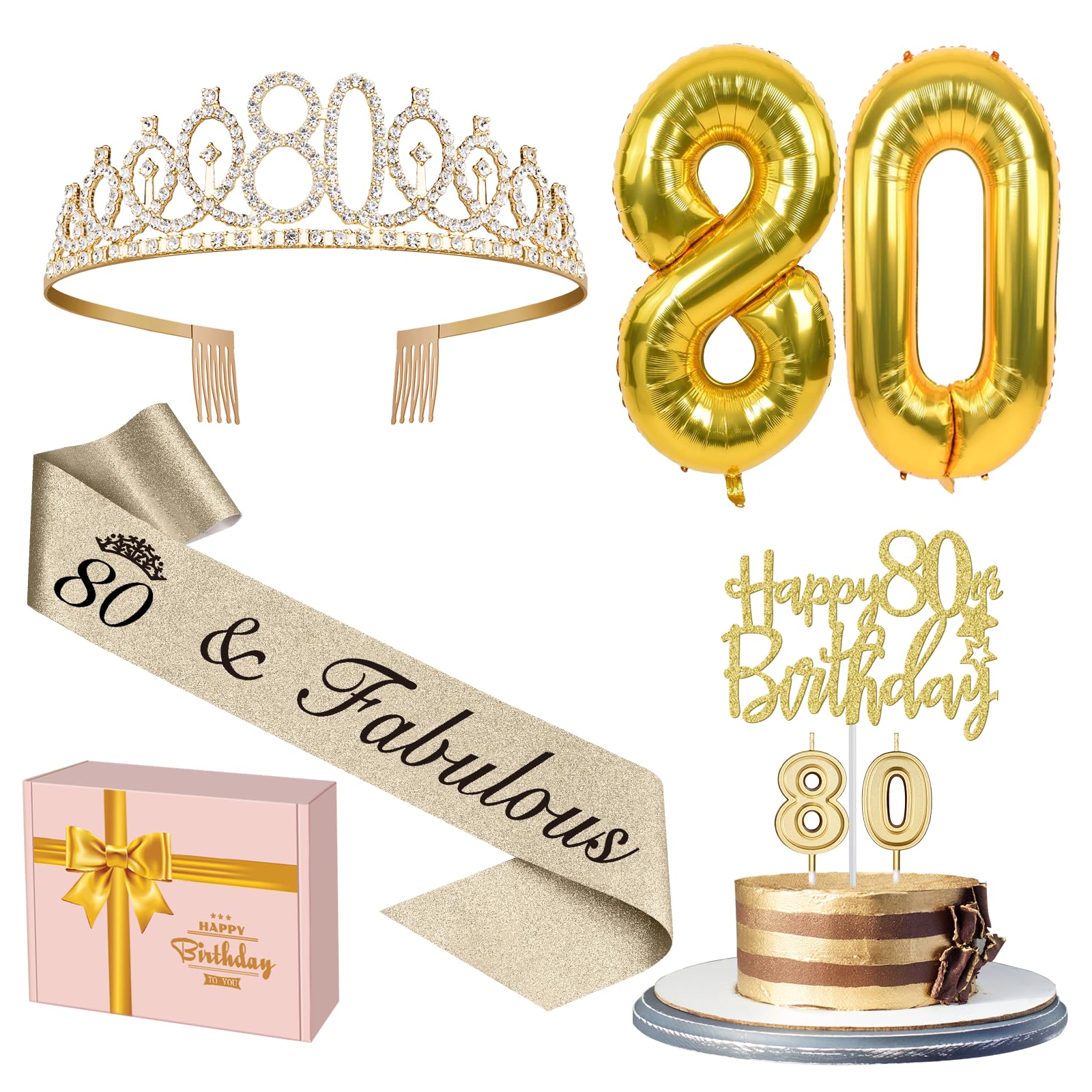 Photo 1 of 80th Birthday Decorations for Women Gold with 80th Birthday Sash and Tiara, Cake Topper and Candles, Number Balloons, 80 Year Old Gifts for Women