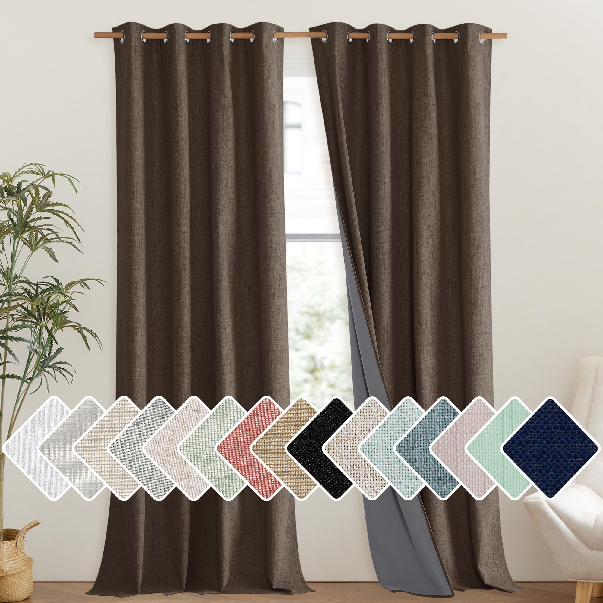 Photo 1 of NICETOWN Coffee Vintage Linen 100% Blackout Curtains for Living Room, Thermal Insulated Curtains 108" Long, Noise Reducing Window Treatment Drapes for Hall Room, 52" Wide Per Panel, Set of 2