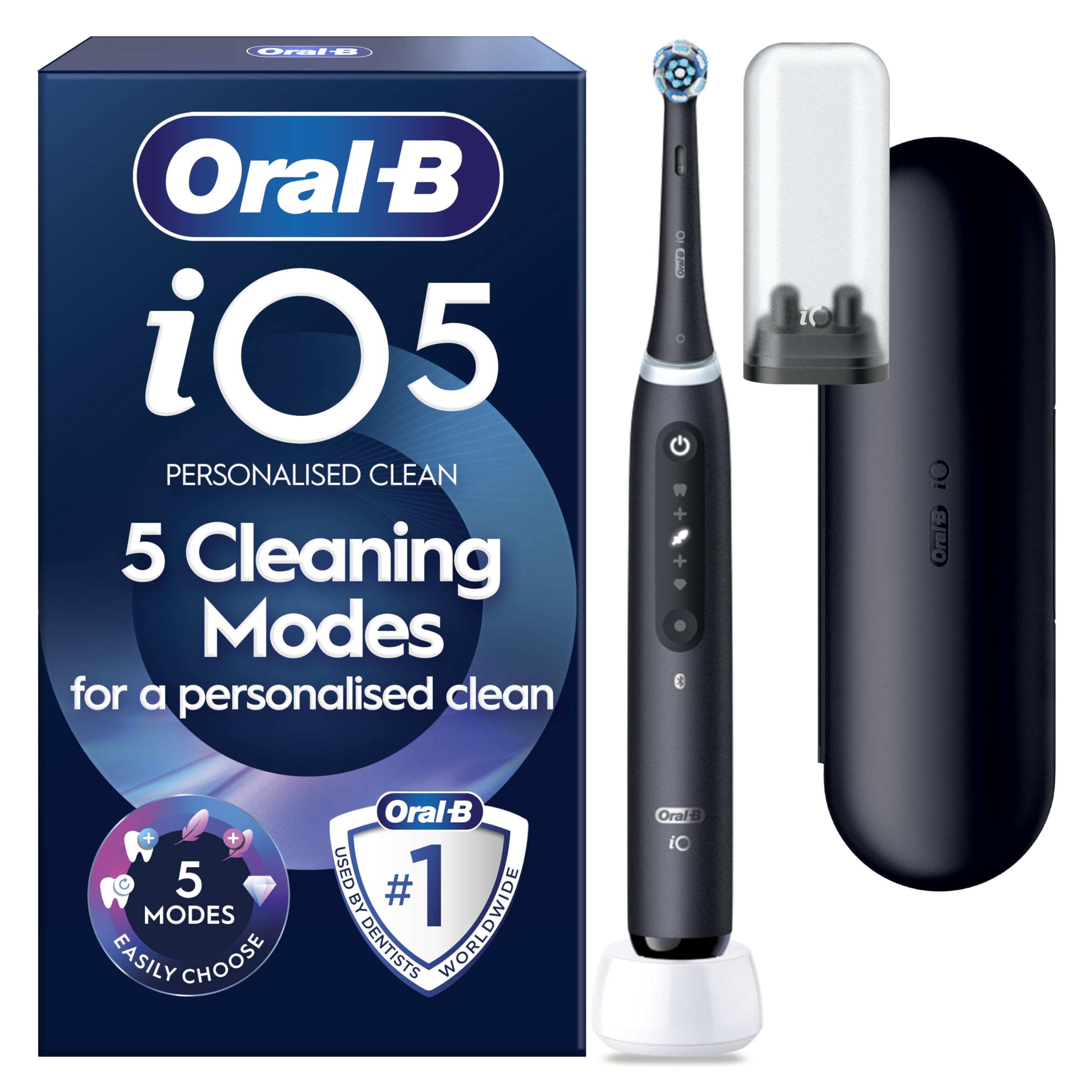 Oral-B iO5 Electric Toothbrush for Adults, Black, 5 Cleaning Modes with Teeth Whitening, Includes Travel Case, Long-Lasting Battery for Home and Travel, 2 Pin Plug