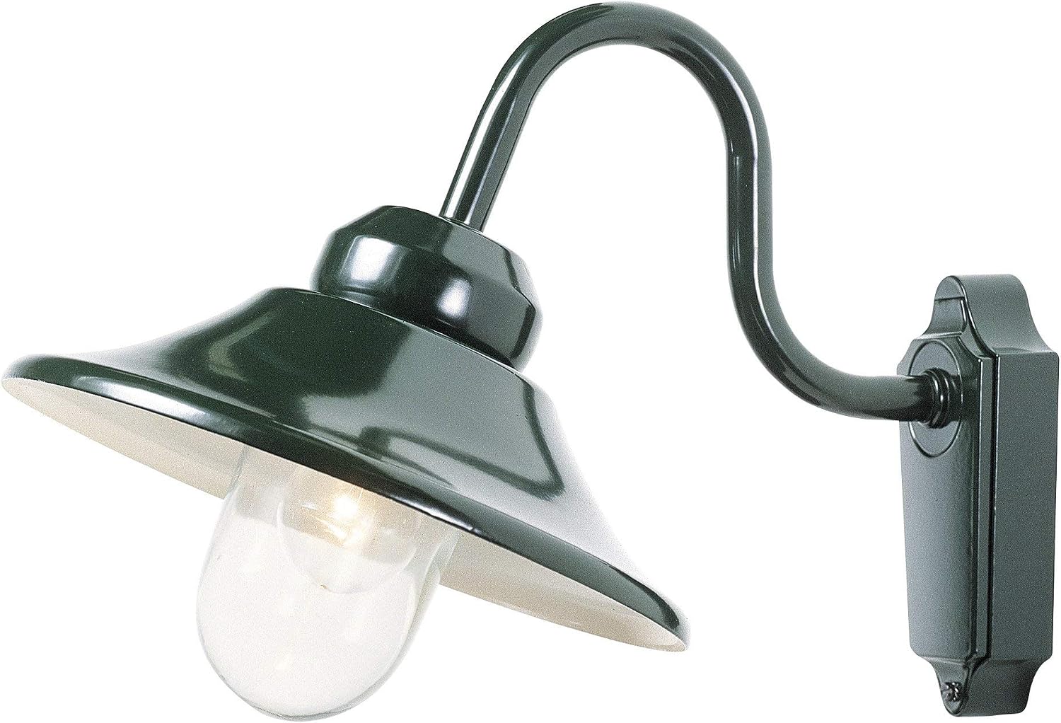 Konstsmide Handmade Outdoor Wall Lights Mains Powered/Vega Down Swan Neck Outdoor Wall Light/1 x 60 W E27 Max Wall Lamp/Clear Glass Globe/Aluminium/IP23/Green