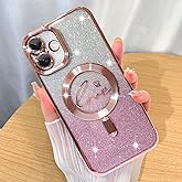 ZIYE Magnetic Case Designed for iPhone 16 Plus Glitter Case Luxury Plating Love Heart Compatible with MagSafe Clear Case with Camera Protector Protection Shockproof Cover for Women Girls-Pink