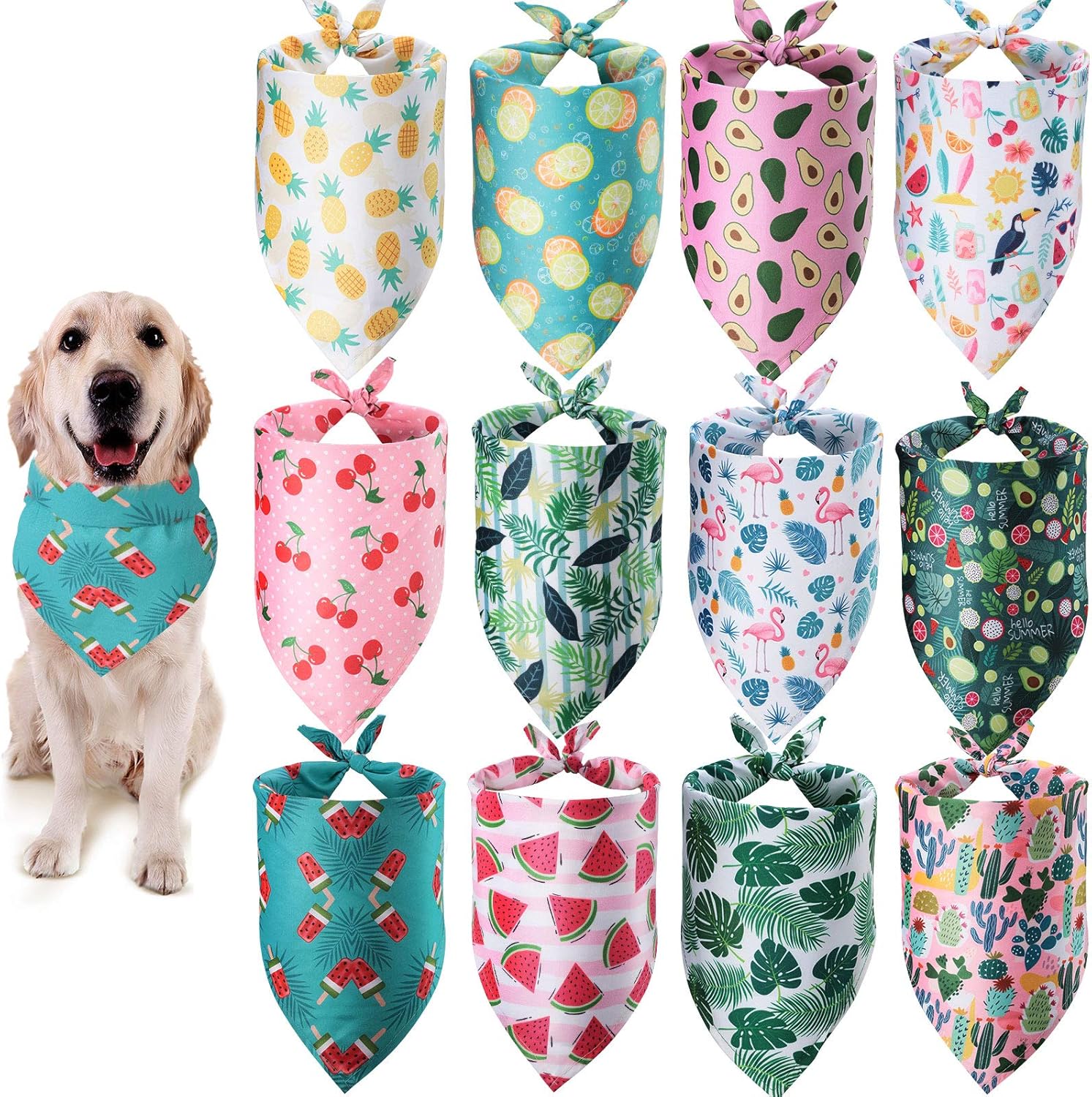 12 Pieces Dog Bandana Scarf Washable Triangular Bibs Pet Adjustable Washable Kerchief Dog Bandana for Small and Large Dogs(Summer Patterns)
