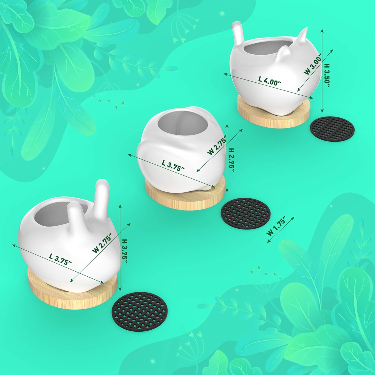 IVORMOSS Animal Succulent Planter - White Ceramic Garden Pots with Insert to Prevent Soil Loss, Drainage Opening & Bamboo Tray - Cute Elephant Bunny & Cat Planter Set, Macetas para Suculentas: Kitchen & Dining