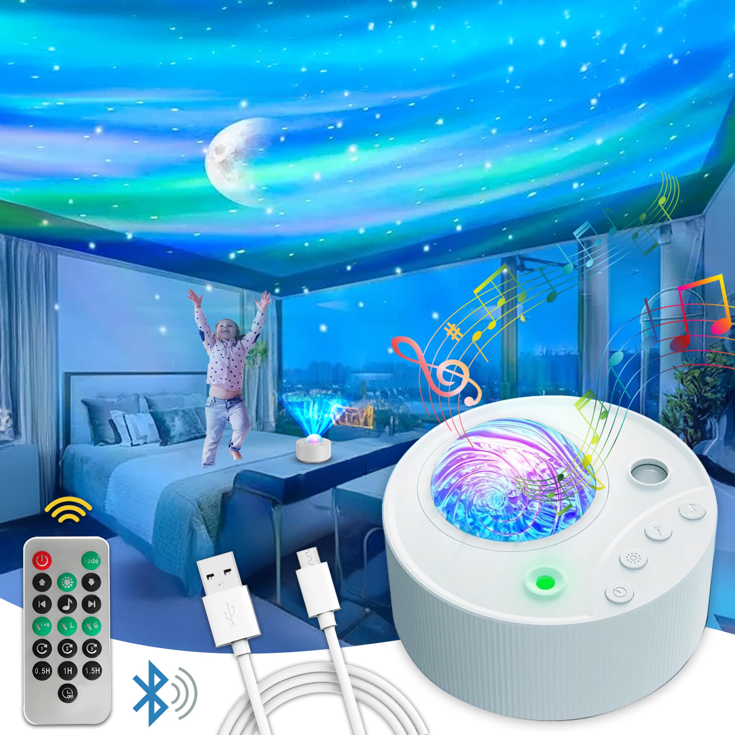 Northern Lights Aurora Sensory Light Star Projector Galaxy Projector with White Noise Machine, Bluetooth, Remote, Timer, Led Lights for Bedroom Decor Bedside Lamp Bedroom Accessories Women/Girls Gifts