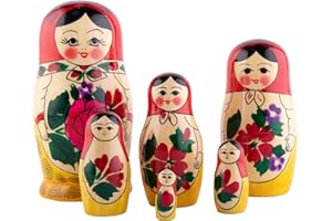 Heka Naturals Semyonov Red Nesting Dolls | All Natural Wooden Matryoshka Doll Set of 6 (5 Inch) - Traditional Babushka Home Decor, Wooden Stacking Dolls, Vintage Handmade Shape