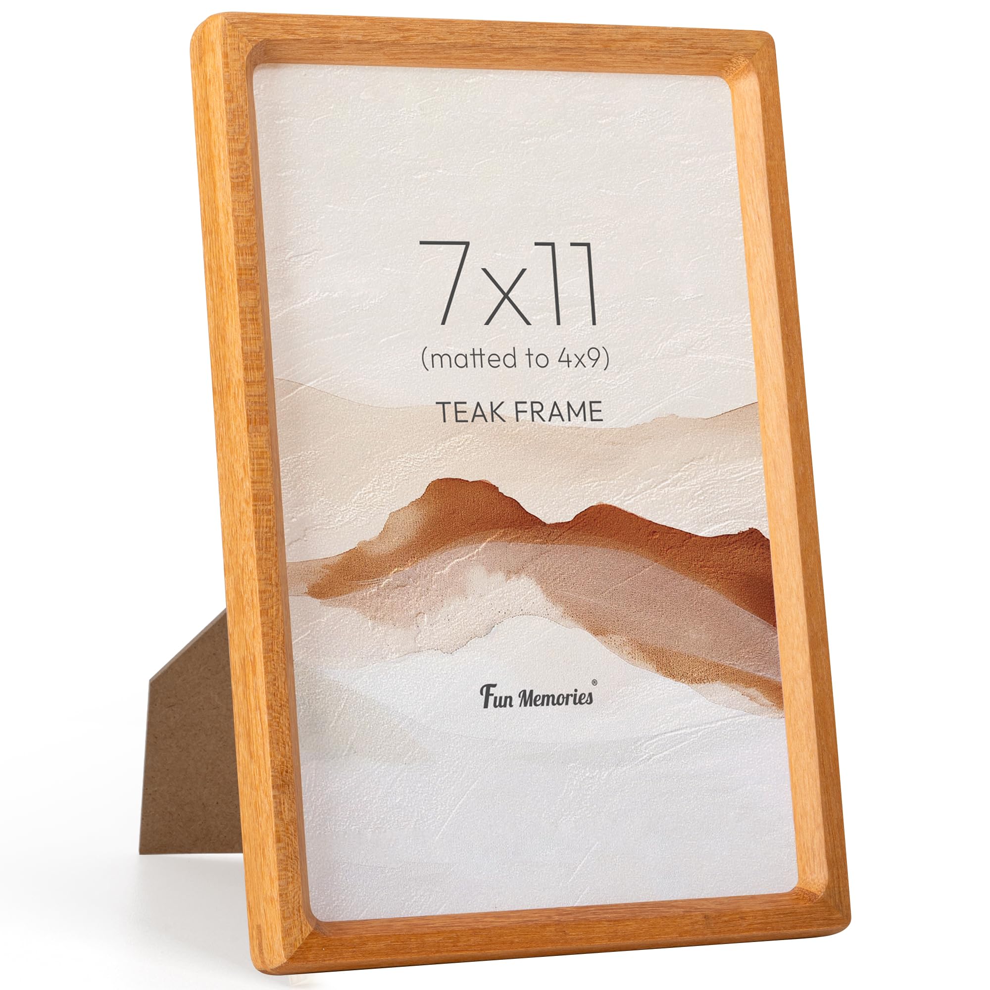 Fun Memories 7x11 Picture Frame, USA-Sourced Teak Wood Photo Frames with HD Tempered Glass, Handcrafted Rounded Corner 7 x 11 Wooden Frame Matted to 4x9 Photos, 7x11 Frames, Tabletop or Wall Display