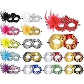 Sratte Mardi Gras Couple Masquerade Mask with Feather Flower Unisex Half Face Venetian Mask for Carnival Parade Valentine