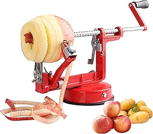 Apple/Potato Peeler, real power 3 in 1 Stainless Steel Corer Slicer Peeler, Durable Heavy Duty Die Cast Magnesium Alloy Hand-cranking Kitchen Fruit Vegetable Peeler Machine with Suction Base, Red