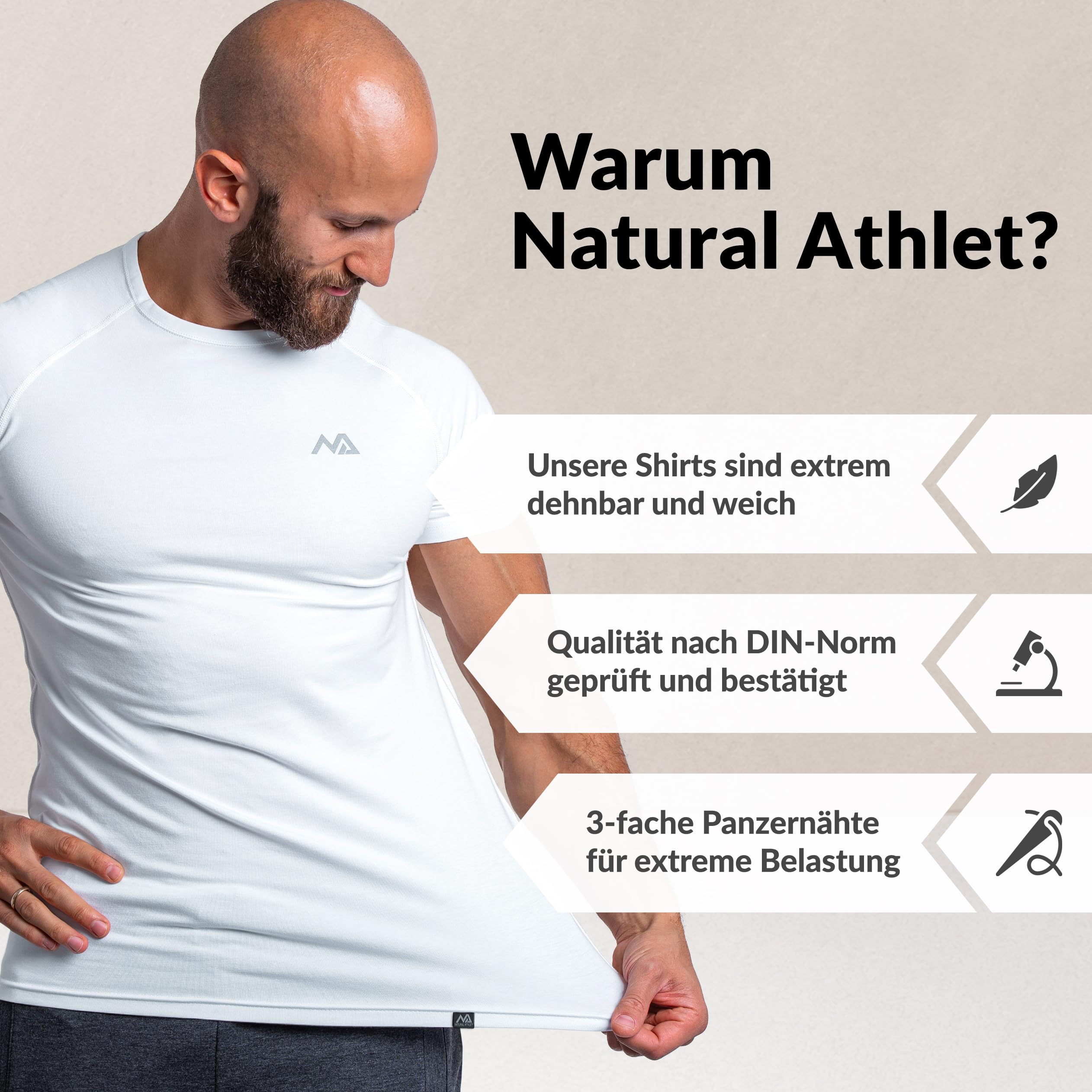 Herren Fitness T-Shirt modal - Männer Kurzarm Shirt für Gym & Training - Passform Slim-Fit, lang mit Rundhals, Weiß, L 3