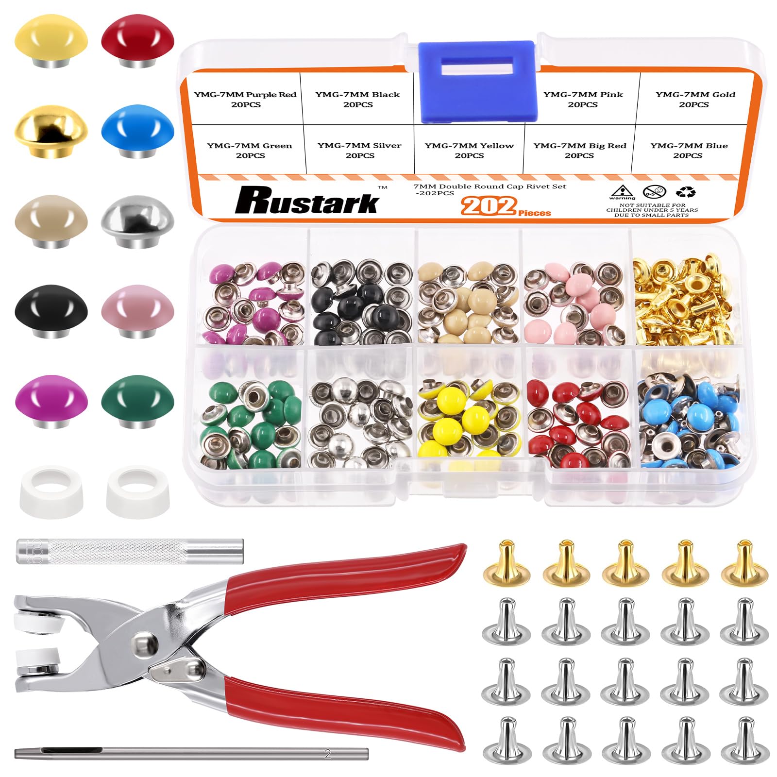 Rustark 200 Sets 7mm Double Round Cap Leather Rivets with 5Pcs Fixing Tools Kit, 10 Colors Double Cap Rivet Round Metal Studs for DIY Leather Craft Decorations