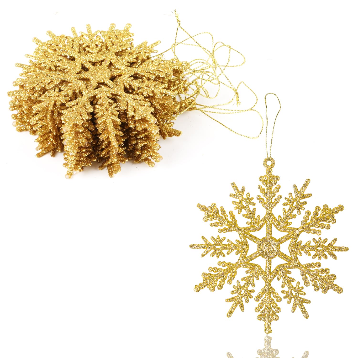 VEYLIN Christmas Hanging Decorations, 12PCS Glitter Snowflake Ornaments for Trees (Gold)
