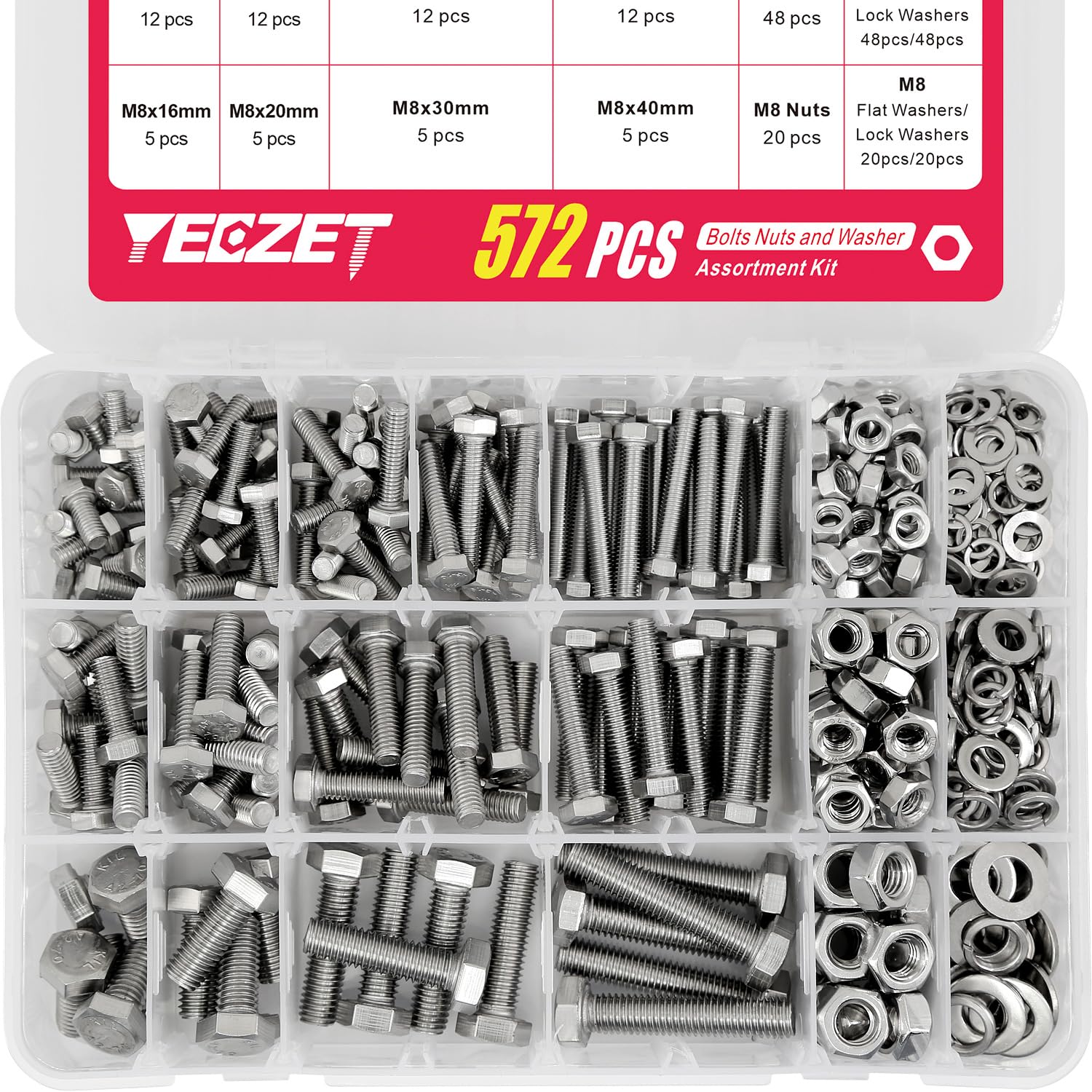 YEEZET 572pcs M5 M6 M8 Bolts and Nuts Kit, 304 Stainless Steel Metric Heavy Duty Bolt Assortment Set, 13 Sizes, Length from10-40mm