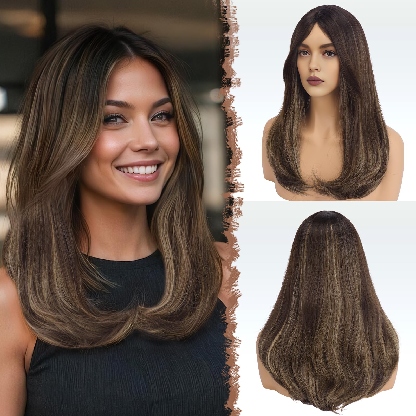 Photo 1 of FESHFEN Wigs with Bangs, Synthetic Natural Looking Ombre Brown Blonde Long Layered Straight Hair Wig for Women Daily Party Use, 18 inch