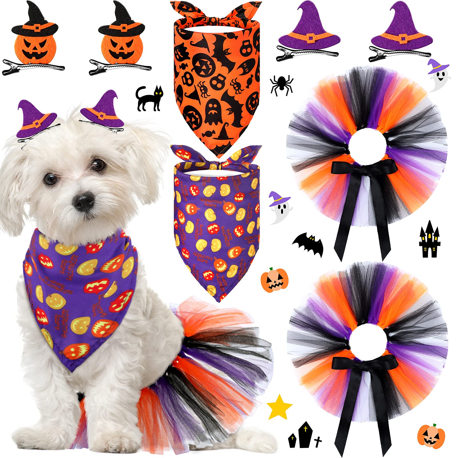 Photo 1 of 8 Pieces Halloween Dog Tulle Tutu Skirt with Bandana Cartoon Hairpins Costumes Pet Halloween Accessories Supplies for Small Dogs Cats Birthday Party Supplies