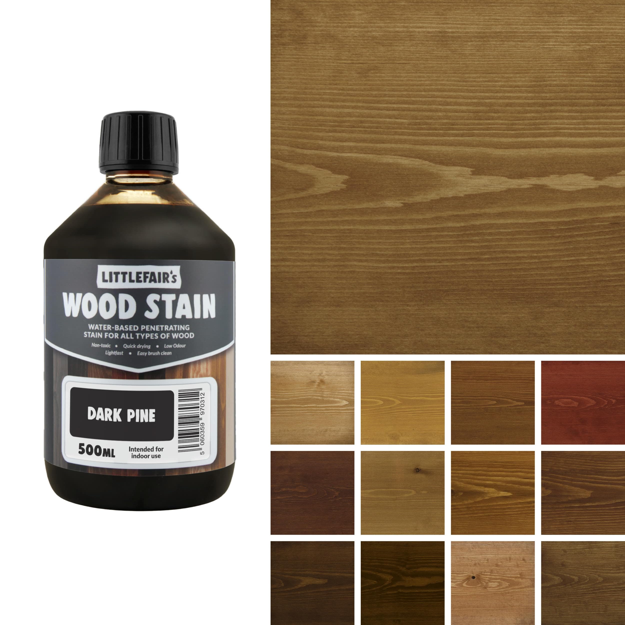 Littlefair's Wood Stain Water Based - 500 ml - Indoor Furniture Stain Light & Dark Finishes - Special Non Toxic & Eco Friendly Formula - Wood Stain for Crafts - Colour: Dark Pine
