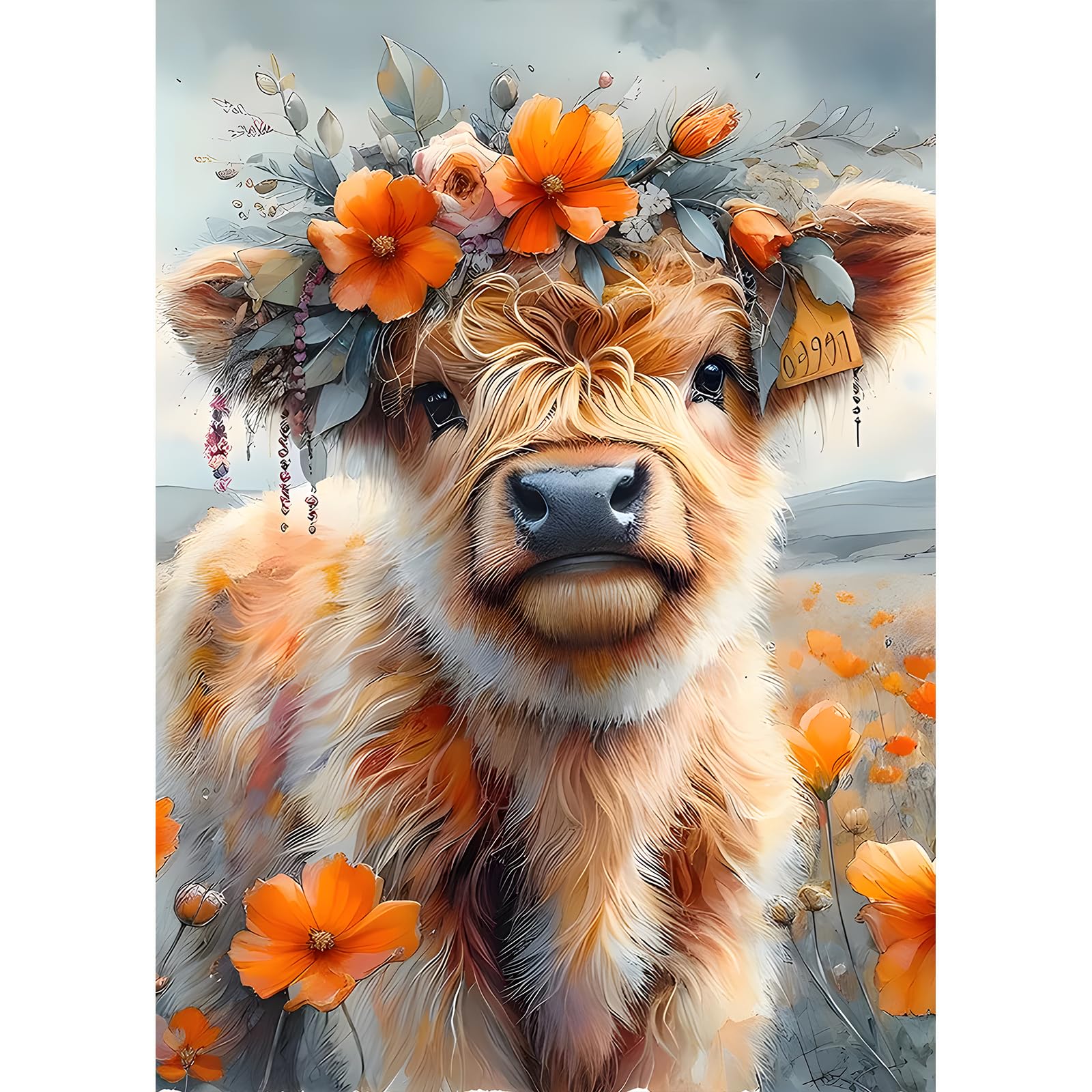 DPHERO DIY Highland Cow Diamond Painting Kits for Adults,5D Cow Diamond Art Kits for Beginners,Round Full Drill Flowers Diamond Painting Art,DIY Painting by Numbers Diamond Art Painting 12x16 inch
