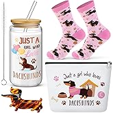 Paterr 4set Valentine Pink Dachshund Gifts Set for Women, Weiner Dogs Gift, 16 oz Glass Cup with Lid & Straw, Doxie Socks, Makeup Bag & Hair Clip, Gifts for Sausage Dog Lovers, Weenie Dog Owners