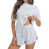 Allmloers Womens Split Short Pajama Set Striped Short Sleeve Crewneck Tee and Side Slit Sleepwear Set 2 Piece Cotton Pjs Set