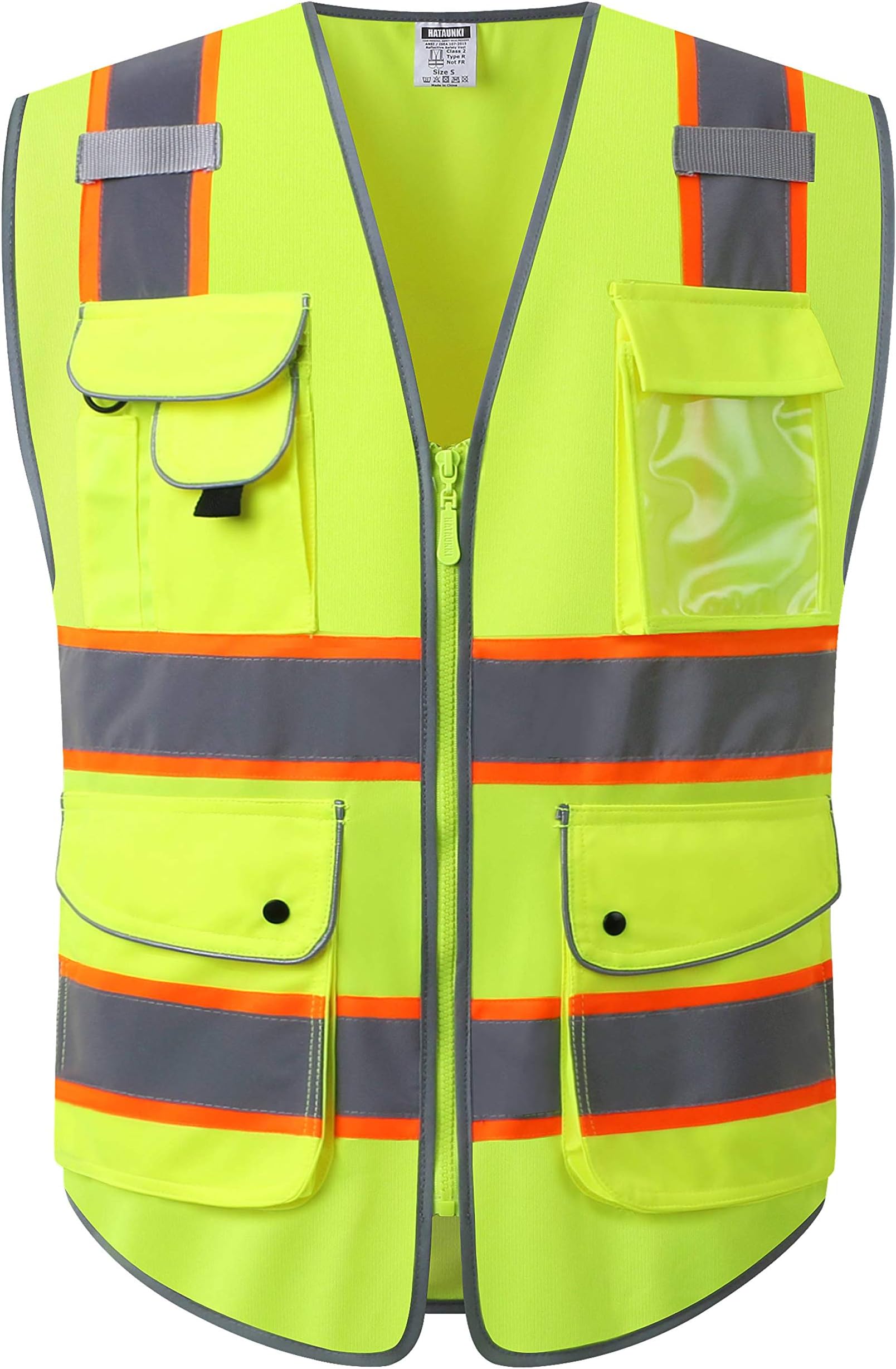 HATAUNKI Class 2 Retro-Reflection Safety Vests 9 Multi-Function Pockets and Front Zipper ANSI/ISEA 107-2015 (Yellow-01, Medium)