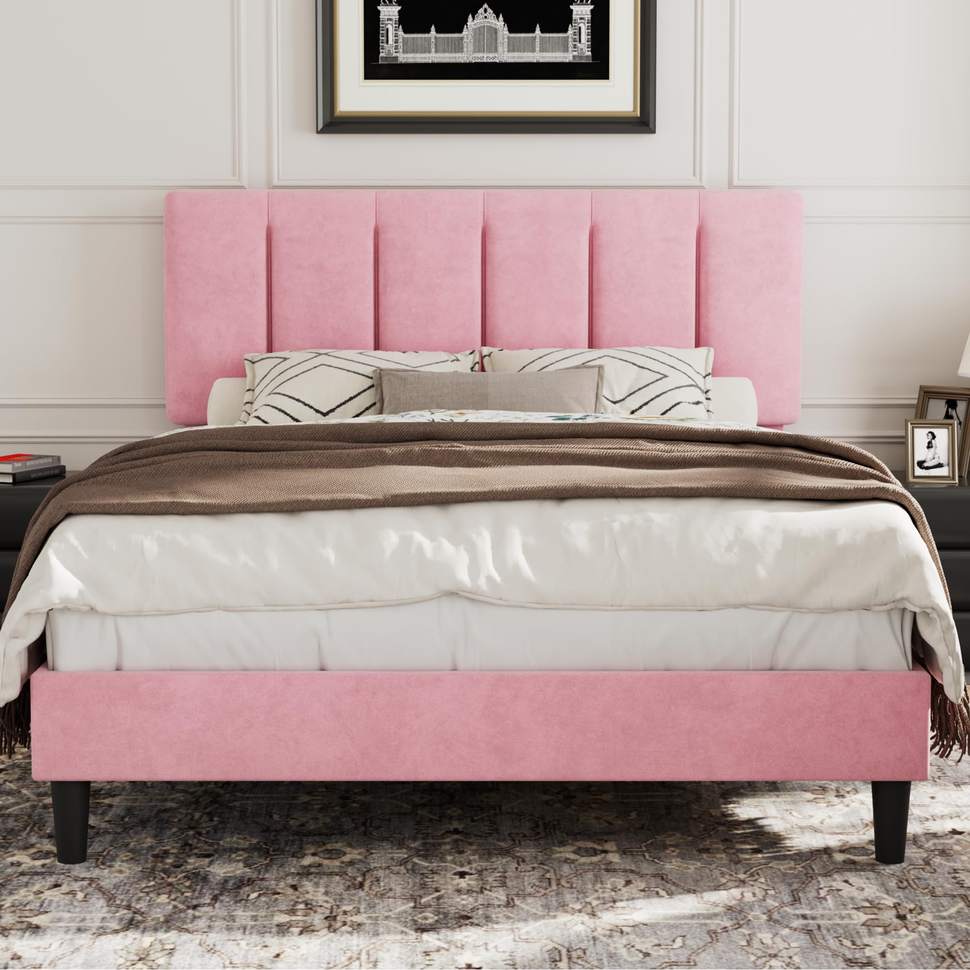 Photo 1 of ****************Missing all hardware**************
VECELO Queen Bed Frame with Upholstered Headboard, Heavy-Duty Platform Bedframe with Strong Wooden Slats Support, No Boxing Spring Needed, Pink
