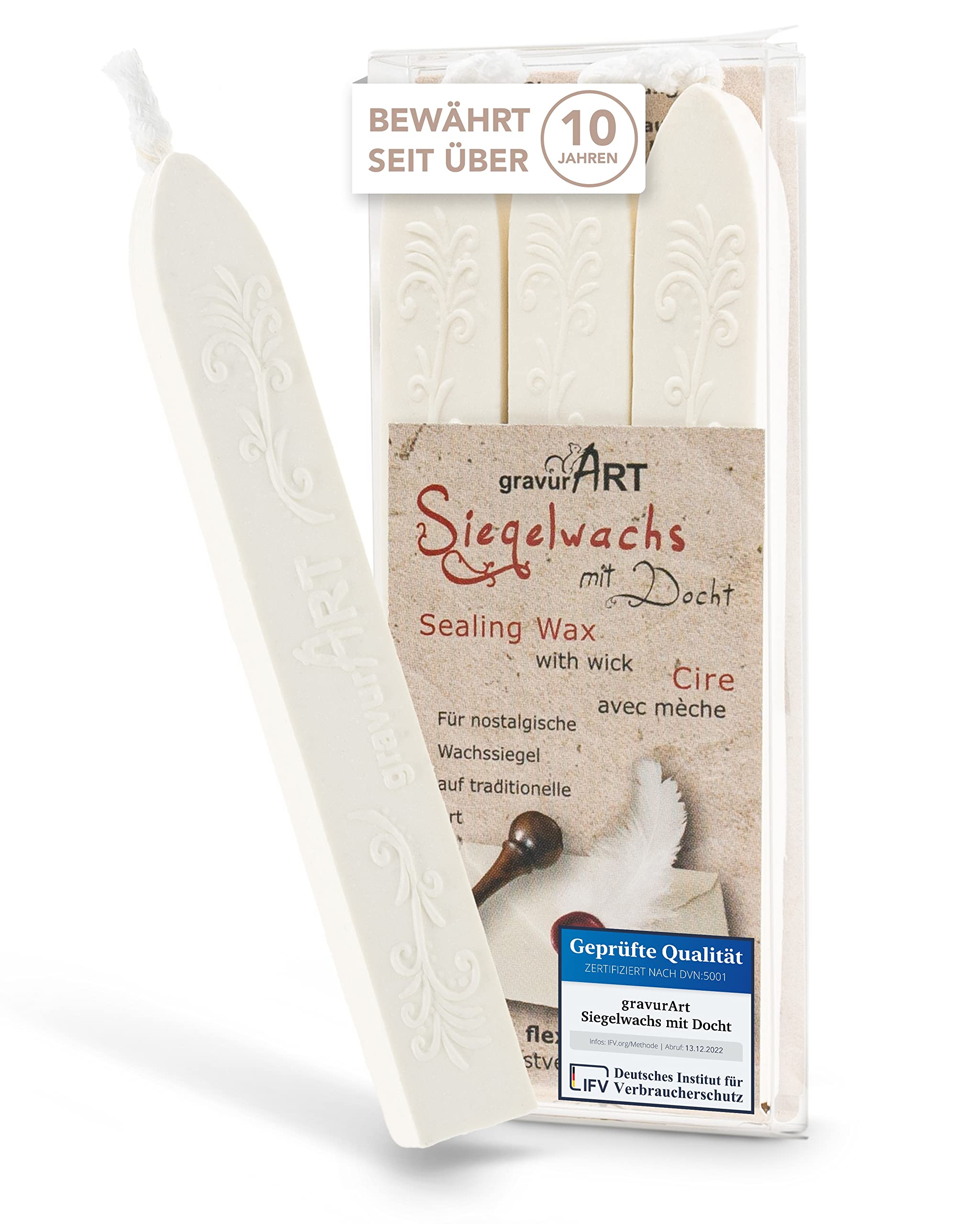 gravurART Sealing Wax Set - White, Unscented - 3 Sticks of Flexible Wax with Wick - 10cm x 20mm - Vintage Style for Personal Letters & Gifts