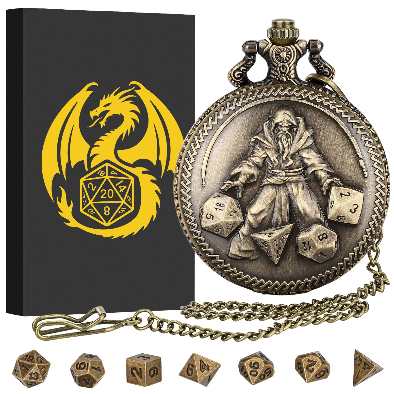 Mini DND Dice Set, Hand held Dice Wizard Pocket Watch Shell Case, 7 Piece Polyhedral Metal D&D Dice Set, DND Gifts with Gift Box, Role Playing Board Game Accessories, Bronze