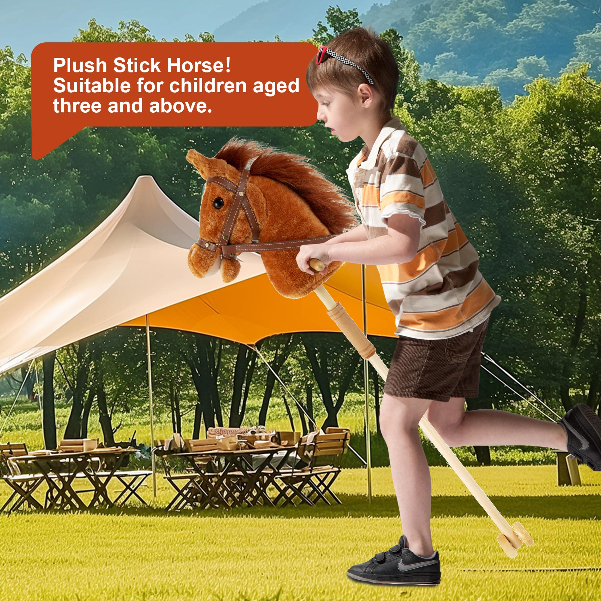 Morytale Stick Hobby Horse Riding Toy, Plush Stick Horse for Toddlers Ages 3+, Horses Ride on Toy Fun Pretend Play with Wooden Wheels and Real Pony Clip-Clop Sounds 39 Inches-Light Brown