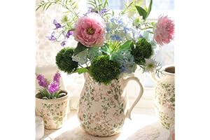 Ronasip Green Floral Ceramic Pitcher 8” Single Handle Chinoiserie Ice Crackle Farmhouse Vase Vintage Flower Vase Home Decor