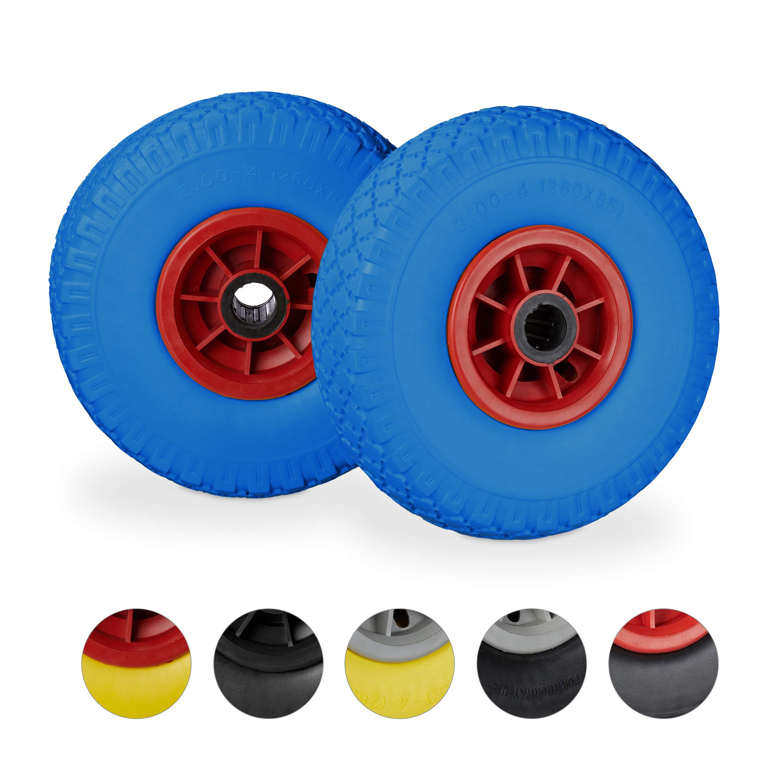 Relaxdays 10026070_959-Solid rubber wheelbarrow wheels, plastic rims, max. 80 kg, blue-red, 25 mm AXLE, 260 x 85 mm, set of 2